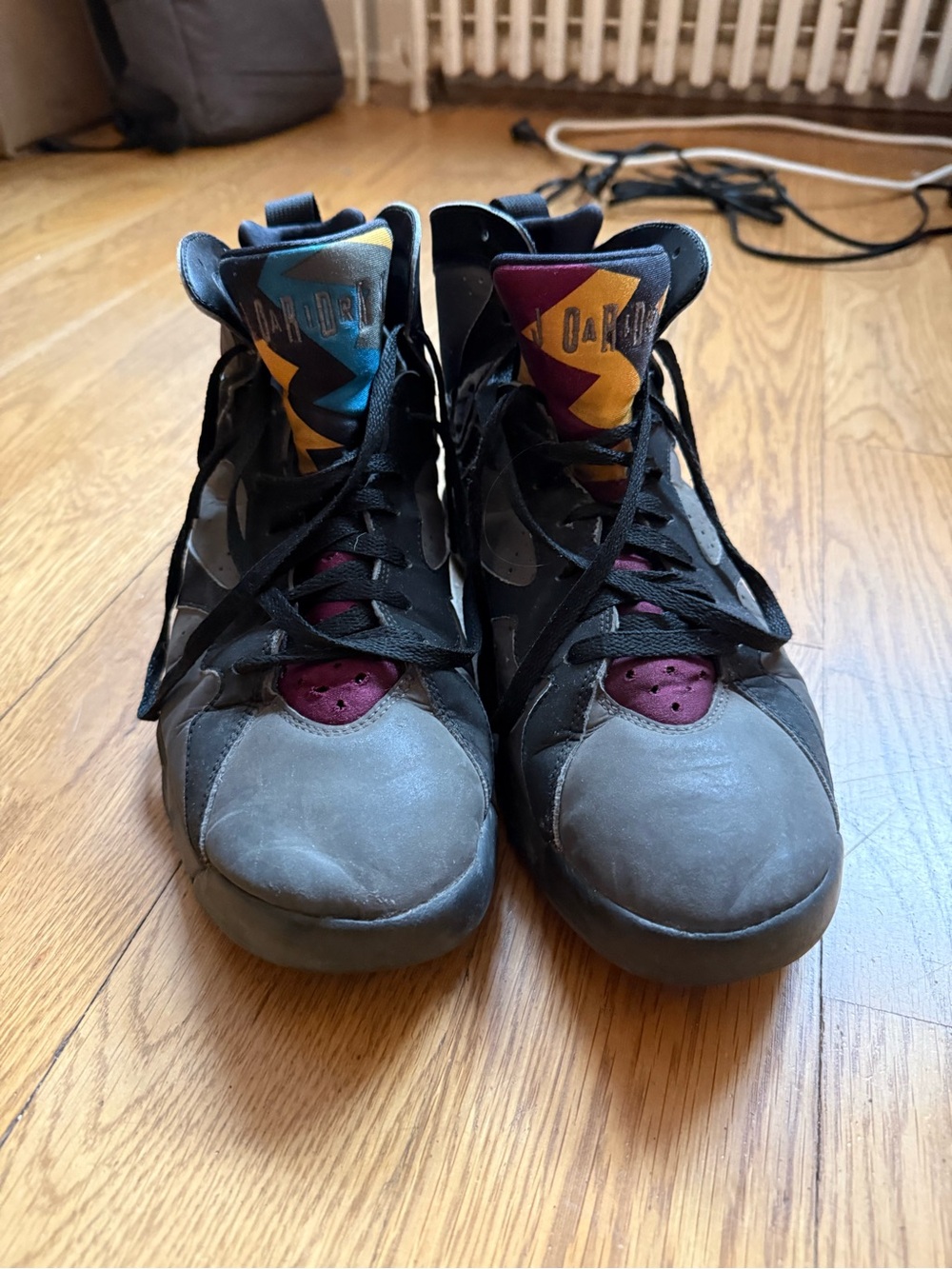 Nike High-Top Sneakers in Gray, Black, Burgundy and Yellow Accent